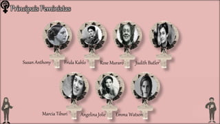 Susan Anthony Frida Kahlo Rose Muraro Judith Butler
Marcia Tiburi Angelina Jolie Emma Watson
Principais Feministas
 