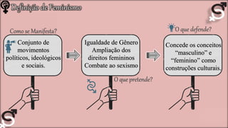 Conjunto de
movimentos
políticos, ideológicos
e sociais.
Igualdade de Gênero
Ampliação dos
direitos femininos
Combate ao sexismo
Concede os conceitos
“masculino” e
“feminino” como
construções culturais.
Definição de Feminismo
Como se Manifesta?
O que pretende?
O que defende?
 