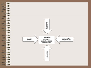 TERRENOS
SOCI AI S,
ECONÔMI COS E
POLÍ TI COS
RAÇA GERAÇÃO
CLASSE
GÊNERO
 