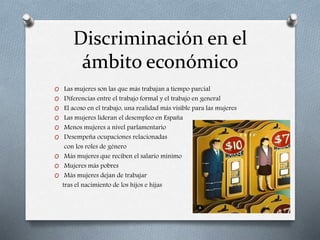 Discriminación en el
ámbito económico
O Las mujeres son las que más trabajan a tiempo parcial
O Diferencias entre el trabajo formal y el trabajo en general
O El acoso en el trabajo, una realidad más visible para las mujeres
O Las mujeres lideran el desempleo en España
O Menos mujeres a nivel parlamentario
O Desempeña ocupaciones relacionadas
con los roles de género
O Más mujeres que reciben el salario mínimo
O Mujeres más pobres
O Más mujeres dejan de trabajar
tras el nacimiento de los hijos e hijas
 