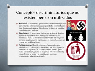 Conceptos discriminatorios que no
existen pero son utilizados
O Feminazi: Es un término, que es usado con sentido despectivo
para referirse a feministas que son percibidas como radicales
bajo el argumento de que el feminismo no busca la igualdad
entre hombres y mujeres.
O Hembrismo: El hembrismo elude a una actitud de dominio,
represión o prepotencia de las mujeres respecto de los
hombres, o bien a la discriminación favorable a la mujer en
acciones u opiniones. Su significación es en muchos aspectos
contraria a la del machismo.
O Antifeminismo: El antifeminismo es la oposición a un
movimiento social que pide ciertos derechos para el género
femenino en algunas o en todas sus formas. Afirma que la
teoría feminista en general es exagerada por ser unilateral y
no conformar la unión y la igualdad, así como sus
pensamientos sobre el patriarcado.
 