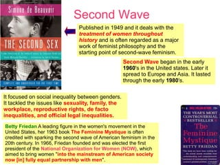 Second Wave
Second Wave began in the early
1960's in the United states. Later it
spread to Europe and Asia. It lasted
through the early 1980's.
It focused on social inequality between genders.
It tackled the issues like sexuality, family, the
workplace, reproductive rights, de facto
inequalities, and official legal inequalities.
Published in 1949 and it deals with the
treatment of women throughout
history and is often regarded as a major
work of feminist philosophy and the
starting point of second-wave feminism.
Betty Friedan A leading figure in the women's movement in the
United States, her 1963 book The Feminine Mystique is often
credited with sparking the second wave of American feminism in the
20th century. In 1966, Friedan founded and was elected the first
president of the National Organization for Women (NOW), which
aimed to bring women "into the mainstream of American society
now [in] fully equal partnership with men".
 