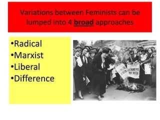 Variations between Feminists can be
lumped into 4 broad approaches
•Radical
•Marxist
•Liberal
•Difference
 