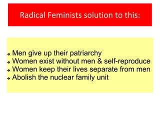 Radical Feminists solution to this:
 Men give up their patriarchy
 Women exist without men & self-reproduce
 Women keep their lives separate from men
 Abolish the nuclear family unit
 