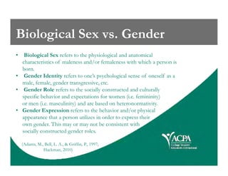 Biological Sex vs. Gender
• Biological Sex refers to the physiological and anatomical
characteristics of maleness and/or femaleness with which a person is
born.
• Gender Identity refers to one’s psychological sense of oneself as a
male, female, gender transgressive, etc.
• Gender Role refers to the socially constructed and culturally• Gender Role refers to the socially constructed and culturally
specific behavior and expectations for women (i.e. femininity)
or men (i.e. masculinity) and are based on heteronormativity.
• Gender Expression refers to the behavior and/or physical
appearance that a person utilizes in order to express their
own gender. This may or may not be consistent with
socially constructed gender roles.
(Adams, M., Bell, L. A., & Griffin, P., 1997;
Hackman, 2010)
 