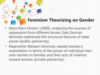 Feminism Theorizing on Gender
• Myra Marx Ferree’s (2000), analyzing the sources of
oppression from different lenses, East German
feminists addressed the structural features of state
power (public patriarchy);
• Meanwhile Western feminists viewed women’s
exploitation in terms of the power of individual men
over women in families and their acts of violence
toward women (private patriarchy).
 