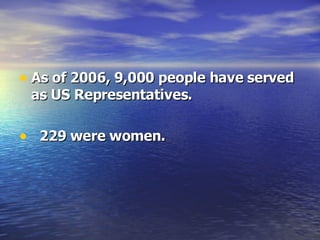 As of 2006, 9,000 people have served as US Representatives. 229 were women.   