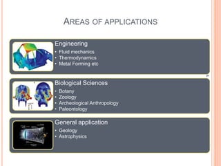 AREAS OF APPLICATIONS
9
Abhishek&Jitendra
Engineering
• Fluid mechanics
• Thermodynamics
• Metal Forming etc
Biological Sciences
• Botany
• Zoology
• Archeological Anthropology
• Paleontology
General application
• Geology
• Astrophysics
 