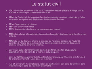 Le statut civil
Ø  1792 : Sous la Convention, la loi du 20 septembre met en place le mariage civil et
autorise le divorce par consentement mutuel.
Ø  1804 : Le Code civil de Napoléon fait des femmes des mineures civiles dès qu’elles
se marient et réprime très sévèrement l’adultère des femmes.
Ø  1816 : Suppression du divorce
Ø  1884 : Le divorce est rétabli
Ø  1975 : Instauration du divorce par consentement mutuel
Ø  1985 : Loi relative à l’égalité des époux dans la gestion des biens de la famille et des
enfants.
Ø  1993 : La loi du 8 janvier affirme le principe de l’exercice conjoint de l’autorité
parentale à l’égard de tous les enfants, quelle que soit la situation des parents
(mariés, concubins, divorcés, séparés).
Ø  Loi 18 juin 2003 : la transmission du nom de famille ne fait plus aucune
distinction entre le nom de la mère et celui du père
Ø  Loi 4 avril 2006 : alignement de l’âge légal du mariage pour l’homme et la femme à
18 ans (anciennement 15 ans pour les femmes)
Ø  Loi 21 janvier 2014 : remplace la notion de gestion en « bon père de famille » dans
le code civil par celle de « gestion raisonnable »
 