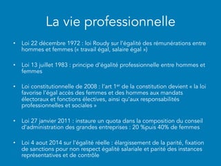 La vie professionnelle
•  Loi 22 décembre 1972 : loi Roudy sur l’égalité des rémunérations entre
hommes et femmes (« travail égal, salaire égal »)
•  Loi 13 juillet 1983 : principe d’égalité professionnelle entre hommes et
femmes
•  Loi constitutionnelle de 2008 : l’art 1er de la constitution devient « la loi
favorise l’égal accès des femmes et des hommes aux mandats
électoraux et fonctions électives, ainsi qu’aux responsabilités
professionnelles et sociales »
•  Loi 27 janvier 2011 : instaure un quota dans la composition du conseil
d’administration des grandes entreprises : 20 %puis 40% de femmes
•  Loi 4 aout 2014 sur l’égalité réelle : élargissement de la parité, fixation
de sanctions pour non respect égalité salariale et parité des instances
représentatives et de contrôle
 