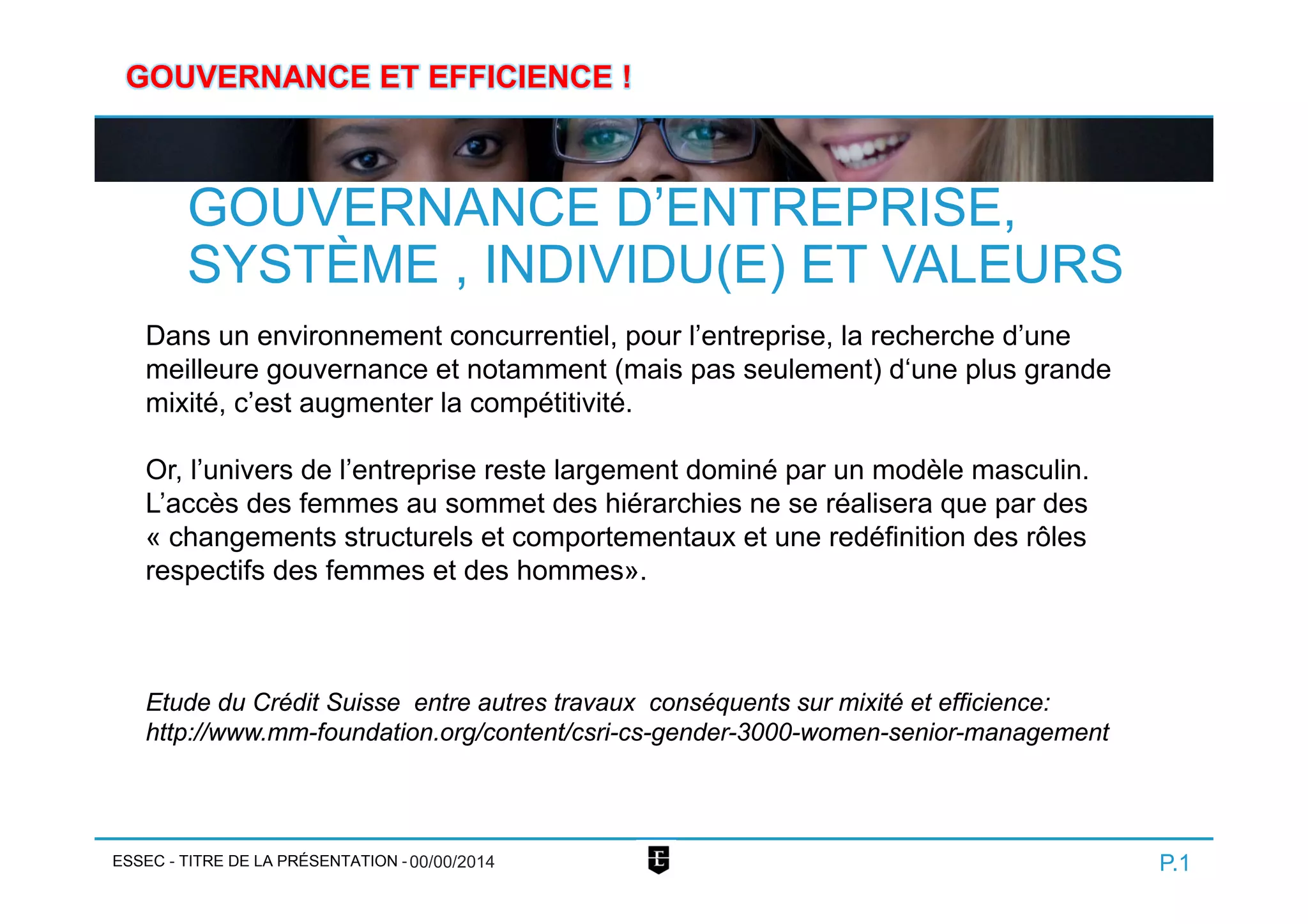 ESSEC
GOUVERNANCE ET EFFICIENCE !
GOUVERNANCE D’ENTREPRISE,
SYSTÈME , INDIVIDU(E) ET VALEURS
P.1- TITRE DE LA PRÉSENTATION - 00/00/2014
Dans un environnement concurrentiel, pour l’entreprise, la recherche d’une
meilleure gouvernance et notamment (mais pas seulement) d‘une plus grande
mixité, c’est augmenter la compétitivité.
Or, l’univers de l’entreprise reste largement dominé par un modèle masculin.
L’accès des femmes au sommet des hiérarchies ne se réalisera que par des
« changements structurels et comportementaux et une redéfinition des rôles
respectifs des femmes et des hommes».
Etude du Crédit Suisse entre autres travaux conséquents sur mixité et efficience:
http://www.mm-foundation.org/content/csri-cs-gender-3000-women-senior-management
 
