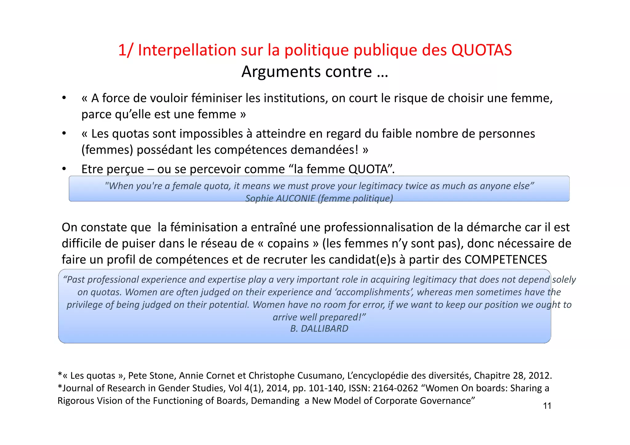 1/ Interpellation sur la politique publique des QUOTAS 
Arguments contre …
• « A force de vouloir féminiser les institutions, on court le risque de choisir une femme, 
parce qu’elle est une femme »
• « Les quotas sont impossibles à atteindre en regard du faible nombre de personnes 
(femmes) possédant les compétences demandées! »
• Etre perçue – ou se percevoir comme “la femme QUOTA”. 
On constate que  la féminisation a entraîné une professionnalisation de la démarche car il est 
difficile de puiser dans le réseau de « copains » (les femmes n’y sont pas), donc nécessaire de 
faire un profil de compétences et de recruter les candidat(e)s à partir des COMPETENCES 
11
"When you're a female quota, it means we must prove your legitimacy twice as much as anyone else”
Sophie AUCONIE (femme politique)
“Past professional experience and expertise play a very important role in acquiring legitimacy that does not depend solely 
on quotas. Women are often judged on their experience and ‘accomplishments’, whereas men sometimes have the 
privilege of being judged on their potential. Women have no room for error, if we want to keep our position we ought to 
arrive well prepared!” 
B. DALLIBARD
*« Les quotas », Pete Stone, Annie Cornet et Christophe Cusumano, L’encyclopédie des diversités, Chapitre 28, 2012.
*Journal of Research in Gender Studies, Vol 4(1), 2014, pp. 101‐140, ISSN: 2164‐0262 “Women On boards: Sharing a 
Rigorous Vision of the Functioning of Boards, Demanding  a New Model of Corporate Governance”
 