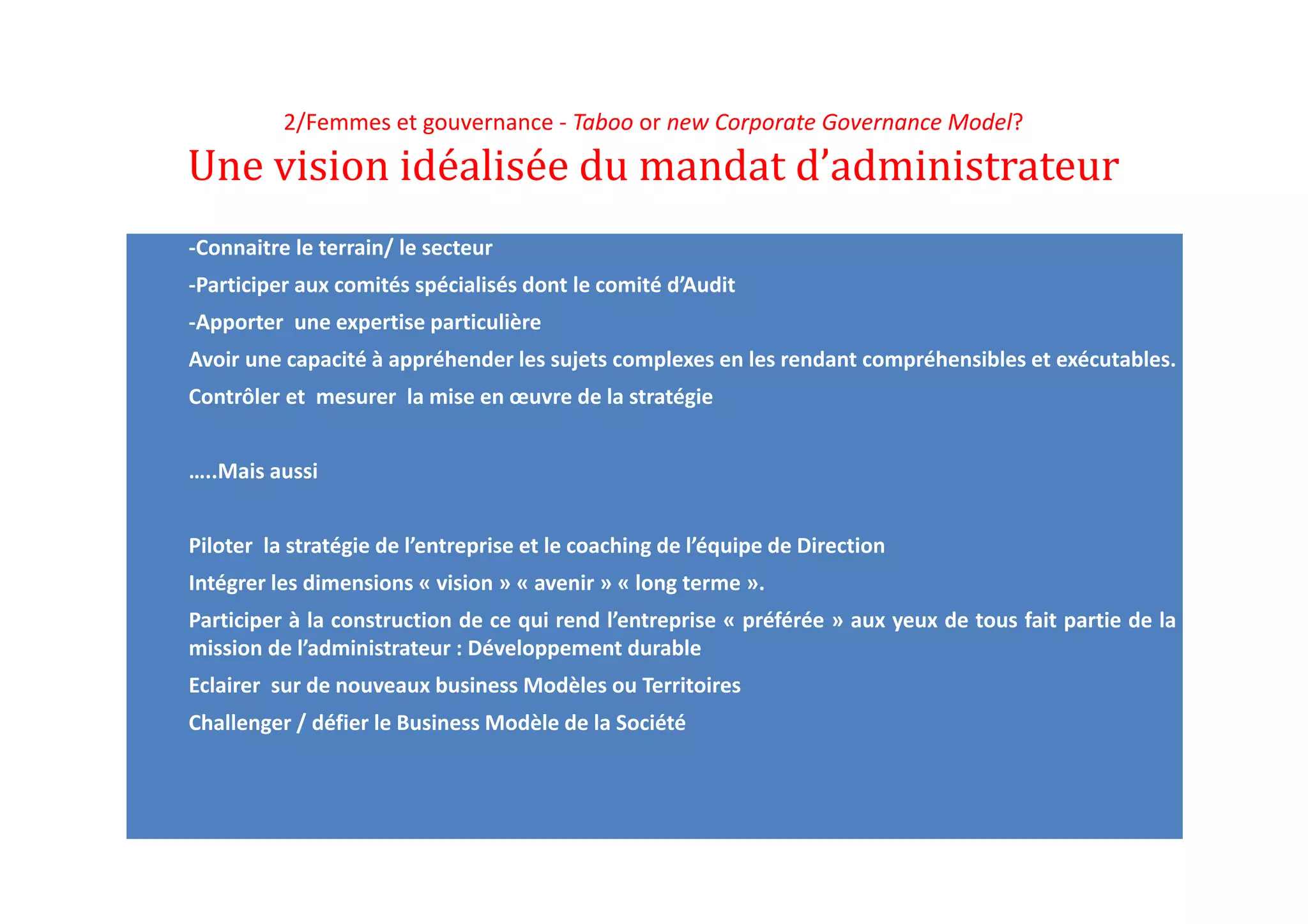 2/Femmes et gouvernance ‐ Taboo or new Corporate Governance Model? 
Une	vision	idéalisée	du	mandat	d’administrateur
‐Connaitre le terrain/ le secteur
‐Participer aux comités spécialisés dont le comité d’Audit
‐Apporter une expertise particulière
Avoir une capacité à appréhender les sujets complexes en les rendant compréhensibles et exécutables.
Contrôler et mesurer la mise en œuvre de la stratégie
…..Mais aussi
Piloter la stratégie de l’entreprise et le coaching de l’équipe de Direction
Intégrer les dimensions « vision » « avenir » « long terme ».
Participer à la construction de ce qui rend l’entreprise « préférée » aux yeux de tous fait partie de la
mission de l’administrateur : Développement durable
Eclairer sur de nouveaux business Modèles ou Territoires
Challenger / défier le Business Modèle de la Société
 