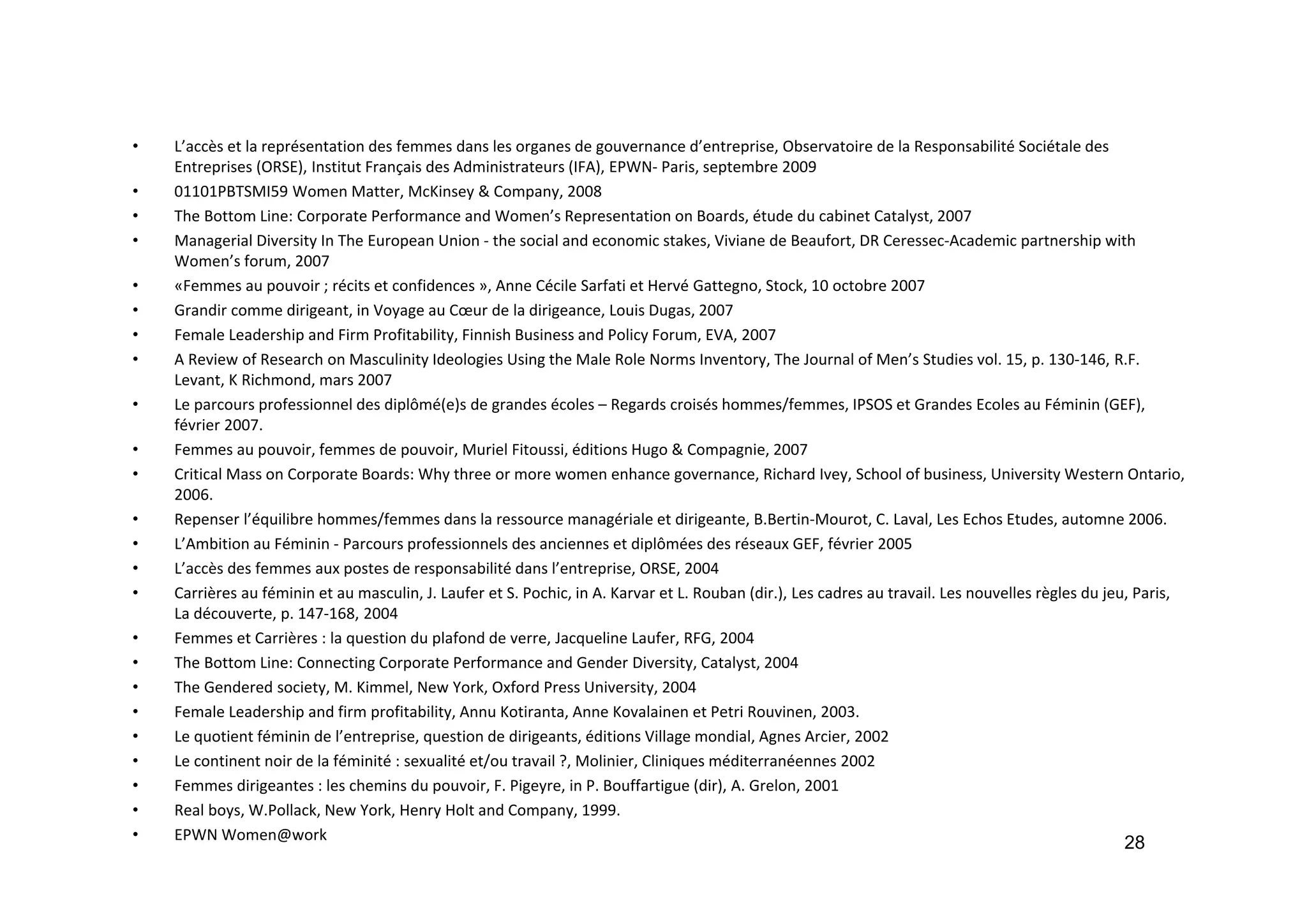 • L’accès et la représentation des femmes dans les organes de gouvernance d’entreprise, Observatoire de la Responsabilité Sociétale des 
Entreprises (ORSE), Institut Français des Administrateurs (IFA), EPWN‐ Paris, septembre 2009
• 01101PBTSMI59 Women Matter, McKinsey & Company, 2008
• The Bottom Line: Corporate Performance and Women’s Representation on Boards, étude du cabinet Catalyst, 2007
• Managerial Diversity In The European Union ‐ the social and economic stakes, Viviane de Beaufort, DR Ceressec‐Academic partnership with 
Women’s forum, 2007
• «Femmes au pouvoir ; récits et confidences », Anne Cécile Sarfati et Hervé Gattegno, Stock, 10 octobre 2007 
• Grandir comme dirigeant, in Voyage au Cœur de la dirigeance, Louis Dugas, 2007
• Female Leadership and Firm Profitability, Finnish Business and Policy Forum, EVA, 2007
• A Review of Research on Masculinity Ideologies Using the Male Role Norms Inventory, The Journal of Men’s Studies vol. 15, p. 130‐146, R.F. 
Levant, K Richmond, mars 2007
• Le parcours professionnel des diplômé(e)s de grandes écoles – Regards croisés hommes/femmes, IPSOS et Grandes Ecoles au Féminin (GEF), 
février 2007.
• Femmes au pouvoir, femmes de pouvoir, Muriel Fitoussi, éditions Hugo & Compagnie, 2007
• Critical Mass on Corporate Boards: Why three or more women enhance governance, Richard Ivey, School of business, University Western Ontario, 
2006.
• Repenser l’équilibre hommes/femmes dans la ressource managériale et dirigeante, B.Bertin‐Mourot, C. Laval, Les Echos Etudes, automne 2006.
• L’Ambition au Féminin ‐ Parcours professionnels des anciennes et diplômées des réseaux GEF, février 2005
• L’accès des femmes aux postes de responsabilité dans l’entreprise, ORSE, 2004
• Carrières au féminin et au masculin, J. Laufer et S. Pochic, in A. Karvar et L. Rouban (dir.), Les cadres au travail. Les nouvelles règles du jeu, Paris, 
La découverte, p. 147‐168, 2004
• Femmes et Carrières : la question du plafond de verre, Jacqueline Laufer, RFG, 2004
• The Bottom Line: Connecting Corporate Performance and Gender Diversity, Catalyst, 2004
• The Gendered society, M. Kimmel, New York, Oxford Press University, 2004
• Female Leadership and firm profitability, Annu Kotiranta, Anne Kovalainen et Petri Rouvinen, 2003.
• Le quotient féminin de l’entreprise, question de dirigeants, éditions Village mondial, Agnes Arcier, 2002
• Le continent noir de la féminité : sexualité et/ou travail ?, Molinier, Cliniques méditerranéennes 2002
• Femmes dirigeantes : les chemins du pouvoir, F. Pigeyre, in P. Bouffartigue (dir), A. Grelon, 2001
• Real boys, W.Pollack, New York, Henry Holt and Company, 1999. 
• EPWN Women@work
28
 