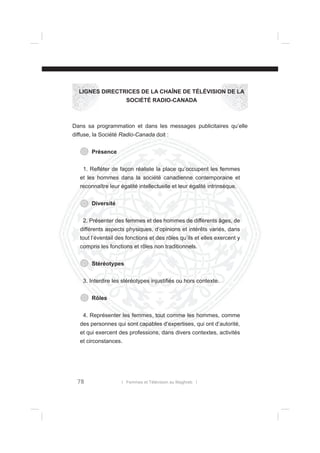 LIGNES DIRECTRICES DE LA CHAÎNE DE TÉLÉVISION DE LA
SOCIÉTÉ RADIO-CANADA

Dans sa programmation et dans les messages publicitaires qu’elle
diffuse, la Société Radio-Canada doit :
Présence
1. Reﬂéter de façon réaliste la place qu’occupent les femmes
et les hommes dans la société canadienne contemporaine et
reconnaître leur égalité intellectuelle et leur égalité intrinsèque.
Diversité
2. Présenter des femmes et des hommes de différents âges, de
différents aspects physiques, d’opinions et intérêts variés, dans
tout l’éventail des fonctions et des rôles qu’ils et elles exercent y
compris les fonctions et rôles non traditionnels.
Stéréotypes
3. Interdire les stéréotypes injustiﬁés ou hors contexte.
Rôles
4. Représenter les femmes, tout comme les hommes, comme
des personnes qui sont capables d’expertises, qui ont d’autorité,
et qui exercent des professions, dans divers contextes, activités
et circonstances.

78

l Femmes et Télévision au Maghreb l

 