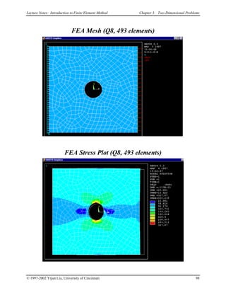 Lecture Notes: Introduction to Finite Element Method Chapter 3. Two-Dimensional Problems
FEA Mesh (Q8, 493 elements)
FEA Stress Plot (Q8, 493 elements)
© 1997-2002 Yijun Liu, University of Cincinnati 98
 