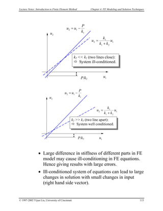 Lecture Notes: Introduction to Finite Element Method Chapter 4. FE Modeling and Solution Techniques
1u
2u
1
21
1
2 u
kk
k
u
+
=
1
12
k
P
uu −=
k2 >> k1 (two line apart):
System well conditioned.
P/k1
1u
2u
1
21
1
2 u
kk
k
u
+
=
1
12
k
P
uu −=
k2 << k1 (two lines close):
System ill-conditioned.
P/k1
• Large difference in stiffness of different parts in FE
model may cause ill-conditioning in FE equations.
Hence giving results with large errors.
• Ill-conditioned system of equations can lead to large
changes in solution with small changes in input
(right hand side vector).
© 1997-2002 Yijun Liu, University of Cincinnati 115
 