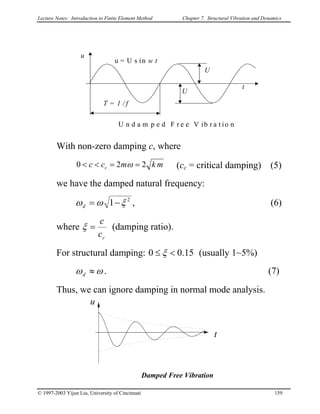 Lecture Notes: Introduction to Finite Element Method Chapter 7. Structural Vibration and Dynamics
u
t
U
U
T = 1 / f
U n d a m p e d F r e e V ib r a t io n
u = U s in w t
With non-zero damping c, where
mkmcc c 220 ==<< ω (cc = critical damping) (5)
we have the damped natural frequency:
2
1 ξωω −=d , (6)
where
cc
c
=ξ (damping ratio).
For structural damping: 0 15.0<≤ ξ (usually 1~5%)
ωω ≈d . (7)
Thus, we can ignore damping in normal mode analysis.
u
t
Damped Free Vibration
© 1997-2003 Yijun Liu, University of Cincinnati 159
 