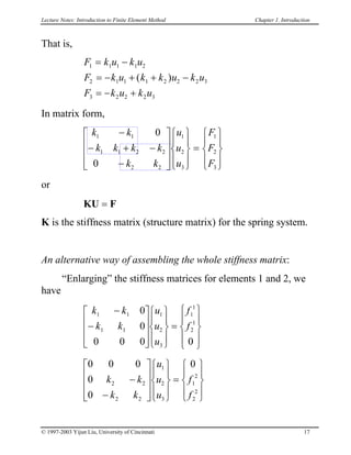 Lecture Notes: Introduction to Finite Element Method Chapter 1. Introduction
That is,
F k u k u
F k u k k u k
F k u k u
1 1 1 1 2
2 1 1 1 2 2 2
3 2 2 2 3
= −
= − + + −
= − +
( ) u3
In matrix form,












=







 3
2
1
3
2
1
0
0
F
F
F
u
u
u






−
−+
22
221
kk
kk

−
−
1
11
kk
kk
or
KU F=
K is the stiffness matrix (structure matrix) for the spring system.
An alternative way of assembling the whole stiffness matrix:
“Enlarging” the stiffness matrices for elements 1 and 2, we
have
k k
k k
u
u
u
f
f
1 1
1 1
1
2
3
1
1
2
1
0
0
0 0 0 0
−
−




















=










0 0 0
0
0
0
2 2
2 2
1
2
3
1
2
2
2
k k
k k
u
u
u
f
f
−
−




















=










© 1997-2003 Yijun Liu, University of Cincinnati 17
 