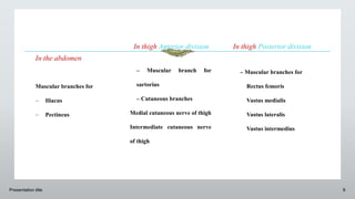 In the abdomen
Muscular branches for
 Iliacus
 Pectineus
In thigh Anterior division
– Muscular branch for
sartorius
– Cutaneous branches
Medial cutaneous nerve of thigh
Intermediate cutaneous nerve
of thigh
Presentation title 9
In thigh Posterior division
– Muscular branches for
Rectus femoris
Vastus medialis
Vastus lateralis
Vastus intermedius
 