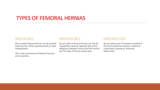 TYPES OF FEMORAL HERNIAS
REDUCIBLE
Occurs when femoral hernia can be pushed
back into the. Either spontaneously or with
manipulation.
This is the commonest of femoral hernias
and is painless.
IRREDUCIBLE
Occurs when a femoral hernia can not be
completely reduced, typically due to the
adhesions between hernia and the hernial
sac.This type of hernia causes pain.
OBSTRUCTED
Occurs when part of intestine involved in
the hernia becomes twisted , kinked or
constricted, causing an intestinal
obstruction.
 