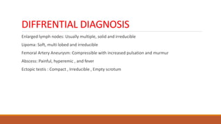 DIFFRENTIAL DIAGNOSIS
Enlarged lymph nodes: Usually multiple, solid and irreducible
Lipoma: Soft, multi lobed and irreducible
Femoral Artery Aneurysm: Compressible with increased pulsation and murmur
Abscess: Painful, hyperemic , and fever
Ectopic testis : Compact , Irreducible , Empty scrotum
 