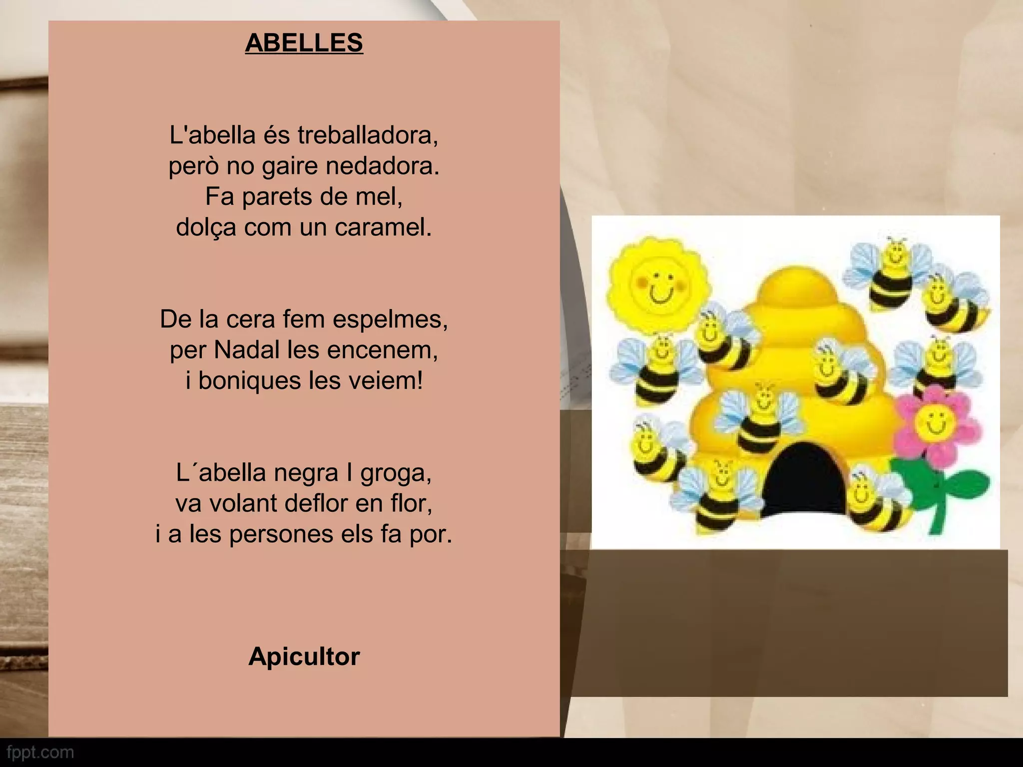ABELLES


 L'abella és treballadora,
 però no gaire nedadora.
    Fa parets de mel,
  dolça com un caramel.


De la cera fem espelmes,
 per Nadal les encenem,
  i boniques les veiem!


   L´abella negra I groga,
  va volant deflor en flor,
i a les persones els fa por.



        Apicultor
 