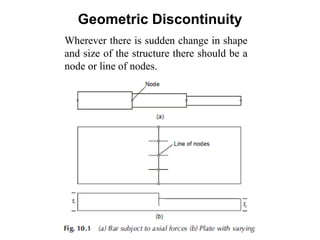 Geometric Discontinuity
Wherever there is sudden change in shape
and size of the structure there should be a
node or line of nodes.
 