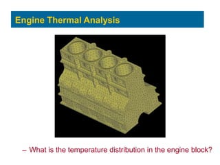 Engine Thermal Analysis
– What is the temperature distribution in the engine block?
 