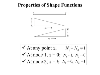 Properties of Shape Functions
 At any point x,
 At node 1, x = 0;
 At node 2, x = l;
1 2 1
N N
 
1 2
1, 0
N N
 
1 2
0, 1
N N
 
 