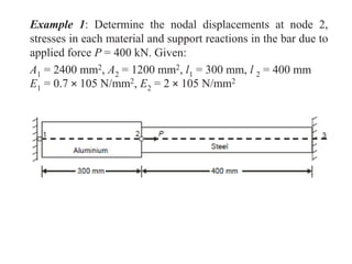 Example 1: Determine the nodal displacements at node 2,
stresses in each material and support reactions in the bar due to
applied force P = 400 kN. Given:
A1 = 2400 mm2, A2 = 1200 mm2, l1 = 300 mm, l 2 = 400 mm
E1 = 0.7 × 105 N/mm2, E2 = 2 × 105 N/mm2
 