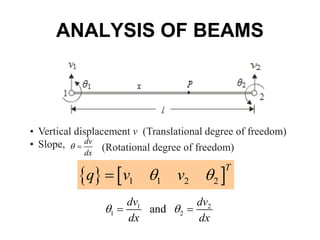ANALYSIS OF BEAMS
• Vertical displacement v (Translational degree of freedom)
• Slope, dv
dx
  (Rotational degree of freedom)
   
1 1 2 2
T
q v v
 

1 2
1 2
and
dv dv
dx dx
 
 
 