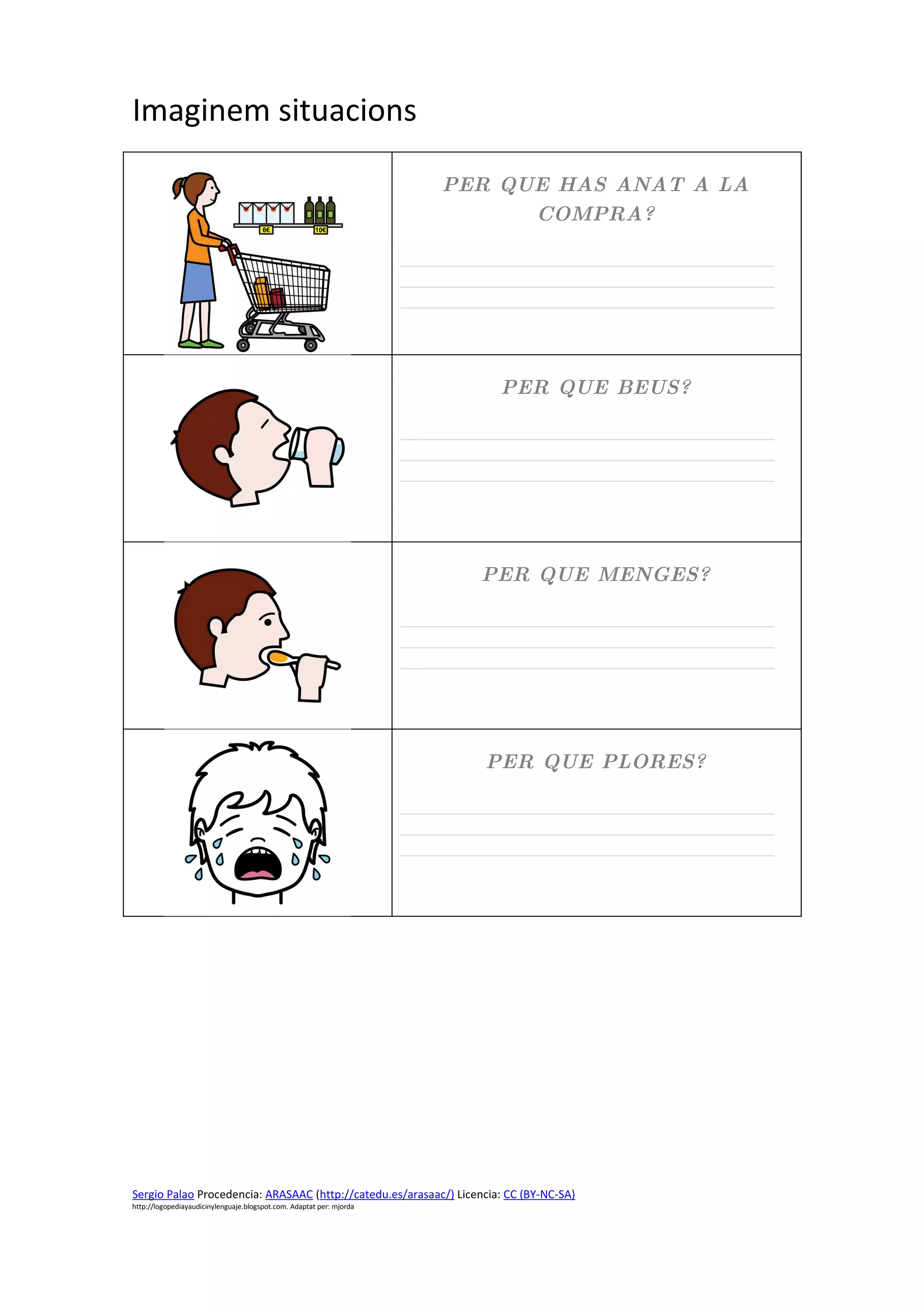 Imaginem situacions

                                                                          PER QUE HAS ANAT A LA
                                                                                COMPRA?

                                                                      ____________________________________________
                                                                      ____________________________________________
                                                                      ____________________________________________




                                                                                 PER QUE BEUS?

                                                                      ____________________________________________
                                                                      ____________________________________________
                                                                      ____________________________________________




                                                                               PER QUE MENGES?

                                                                      ____________________________________________
                                                                      ____________________________________________
                                                                      ____________________________________________




                                                                               PER QUE PLORES?

                                                                      ____________________________________________
                                                                      ____________________________________________
                                                                      ____________________________________________




Sergio Palao Procedencia: ARASAAC (http://catedu.es/arasaac/) Licencia: CC (BY-NC-SA)
http://logopediayaudicinylenguaje.blogspot.com. Adaptat per: mjorda
 