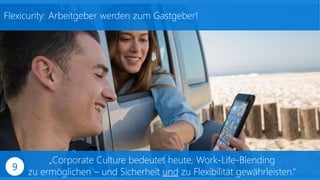 Flexicurity: Arbeitgeber werden zum Gastgeber!
„Corporate Culture bedeutet heute, Work-Life-Blending
zu ermöglichen – und Sicherheit und zu Flexibilität gewährleisten.“9
 