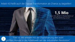 1,5 Mio
neue Jobs gehen in Deutschland auf
die Digitalisierung zurück1
“Fakt ist: Wir erleben mit der Digitalisierung den wohl
größten Wandel in der Arbeitswelt seit der industriellen Revolution.”
Arbeit 4.0 heißt auch die Digitale Transformation als Chance zu begreifen!
2
 