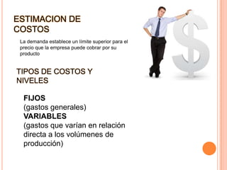 La empresa tiene que considerar muchos factores al establecer su política de precios. Describiremos un procedimiento de seis pasos: Seleccionar el objetivo de la fijación de precios;(2) determinar la demanda; (3) estimar los costos; (4) analizar los costos, precios, ofertas de los competidores (5) Escoger un método de fijación de precios; (6) seleccionar el precio final
