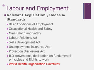+
Labour and Employment
Relevant Legislation , Codes &
Standards
 Basic Conditions of Employment
 Occupational Health and Safety
 Mine Health and Safety
 Labour Relations Act
 Skills Development Act
 Unemployment Insurance Act
 Protection Disclosures Act
 ILO conventions, declaration on fundamental
principles and Rights to work
 World Health Organization Directives
12
 