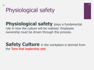 + 19
Physiological safety plays a fundamental
role in how the culture will be realised. Employee
ownership must be driven through this process.
Safety Culture in the workplace is derived from
the Tone that leadership sets
Physiological safety
 