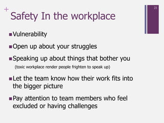 +
Safety In the workplace
Vulnerability
Open up about your struggles
Speaking up about things that bother you
(toxic workplace render people frighten to speak up)
Let the team know how their work fits into
the bigger picture
Pay attention to team members who feel
excluded or having challenges
21
 
