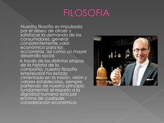 Nuestra filosofía es impulsada
por el deseo de atraer y
satisfacer la demanda de los
consumidores, generar
consistentemente valor
económico para los
accionistas, así como un mayor
desarrollo social.
A través de las distintas etapas
de la historia de la
compañía, nuestra filosofía
empresarial ha estado
cimentada en la misión, visión y
valores establecidos, siempre
partiendo de nuestro principio
fundamental: el respeto a la
dignidad humana está por
encima de cualquier
consideración económica.
 