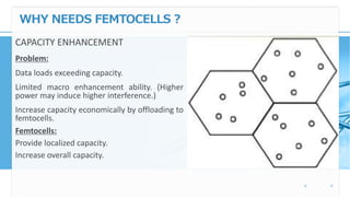 WHY NEEDS FEMTOCELLS ?
CAPACITY ENHANCEMENT
Problem:
Data loads exceeding capacity.
Limited macro enhancement ability. (Higher
power may induce higher interference.)
Increase capacity economically by offloading to
femtocells.
Femtocells:
Provide localized capacity.
Increase overall capacity.
 