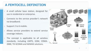 A FEMTOCELL DEFINITION
〉 A small cellular base station, designed for
use in residential or enterprise.
〉 Connects to the service provider’s network
via broadband.
〉 Support 2 to 6 mobile.
〉 Allows service providers to extend service
coverage indoors.
〉 The concept is applicable to all wireless
standards, including UMTS, GSM, CDMA-
2000, TD-SCDMA and WiMAX solutions.
 