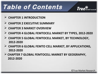 Table of Contents
©True Market Research
 CHAPTER 1 INTRODUCTION
 CHAPTER 2 EXECUTIVE SUMMARY
 CHAPTER 3 MARKET OVERVIEW
 CHAPTER 4 GLOBAL FEMTOCELL MARKET BY TYPES, 2012-2020
 CHAPTER 5 GLOBAL FEMTOCELL MARKET, BY TECHNOLOGY,
2012-2020
 CHAPTER 6 GLOBAL FEMTO CELL MARKET, BY APPLICATIONS,
2012-2020
 CHAPTER 7 GLOBAL FEMTOCELL MARKET BY GEOGRAPHY,
2012-2020
 
