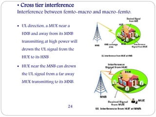 • Cross tier interference
Interference between femto-macro and macro-femto.
 UL direction, a MUE near a
HNB and away from its MNB
transmitting at high power will
drown the UL signal from the
HUE to its HNB
 HUE near the MNB can drown
the UL signal from a far away
MUE transmitting to its MNB.
24
 