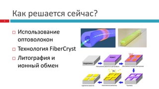 Как решается сейчас?
 Использование
оптоволокон
 Технология FiberCryst
 Литография и
ионный обмен
3
 