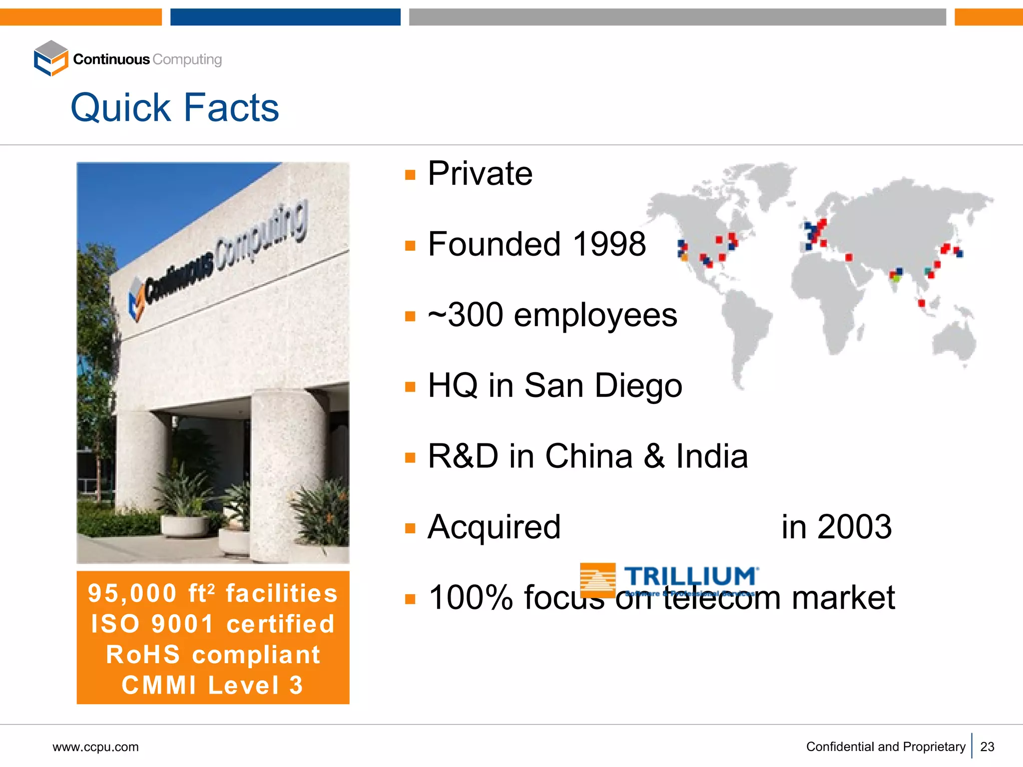 Private Founded 1998  ~300 employees HQ in San Diego R&D in China & India Acquired  in 2003 100% focus on telecom market Quick Facts 95,000 ft 2  facilities ISO 9001 certified RoHS compliant CMMI Level 3 