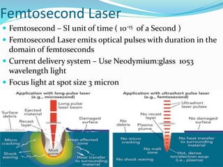 Femtosecond Laser
 Femtosecond – SI unit of time ( 10-15 of a Second )
 Femtosecond Laser emits optical pulses with duration in the
domain of femtoseconds
 Current delivery system – Use Neodymium:glass 1053
wavelength light
 Focus light at spot size 3 micron
 