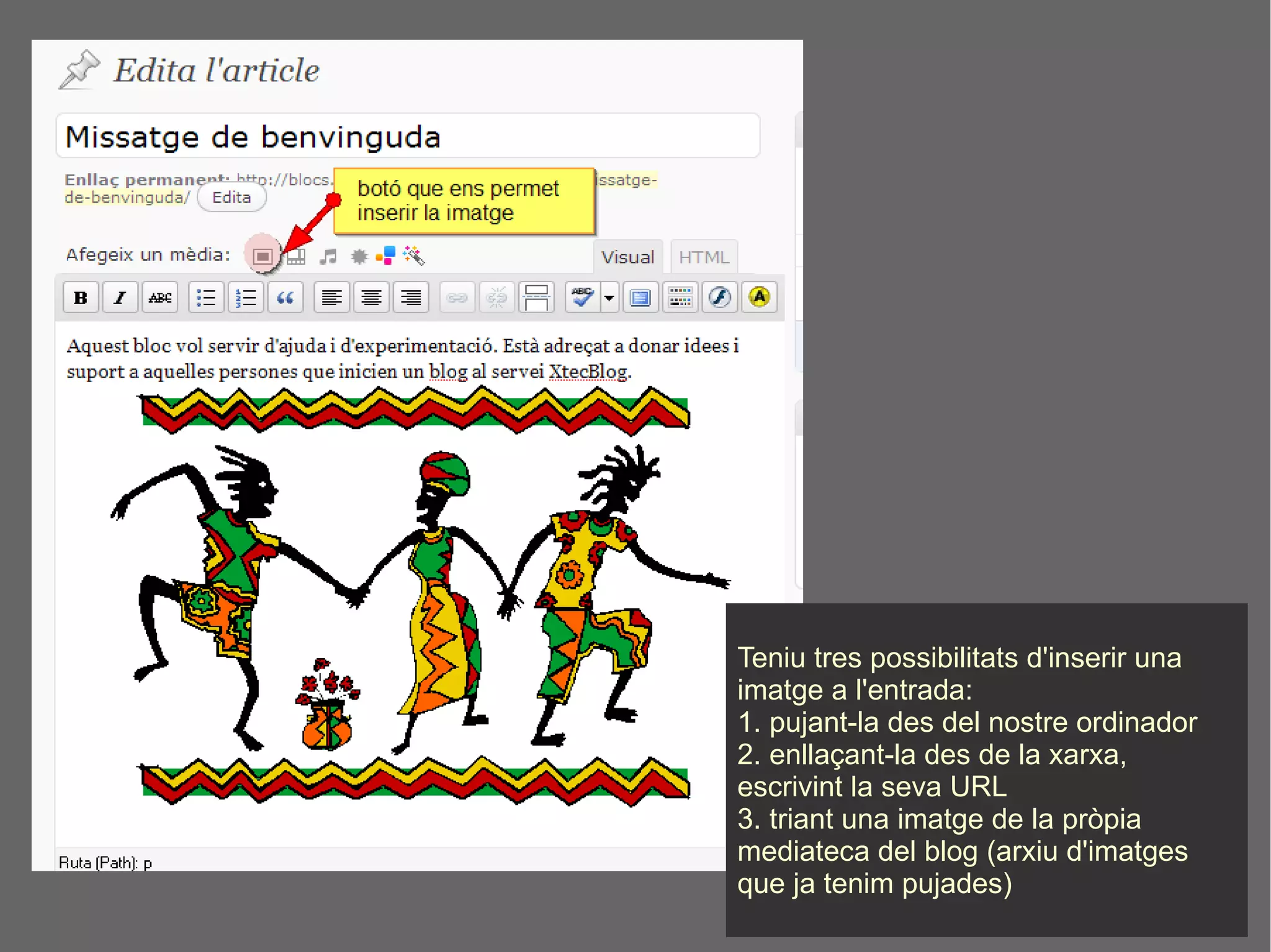 Teniu tres possibilitats d'inserir una imatge a l'entrada: 1. pujant-la des del nostre ordinador 2. enllaçant-la des de la xarxa, escrivint la seva URL  3. triant una imatge de la pròpia mediateca del blog (arxiu d'imatges que ja tenim pujades) 