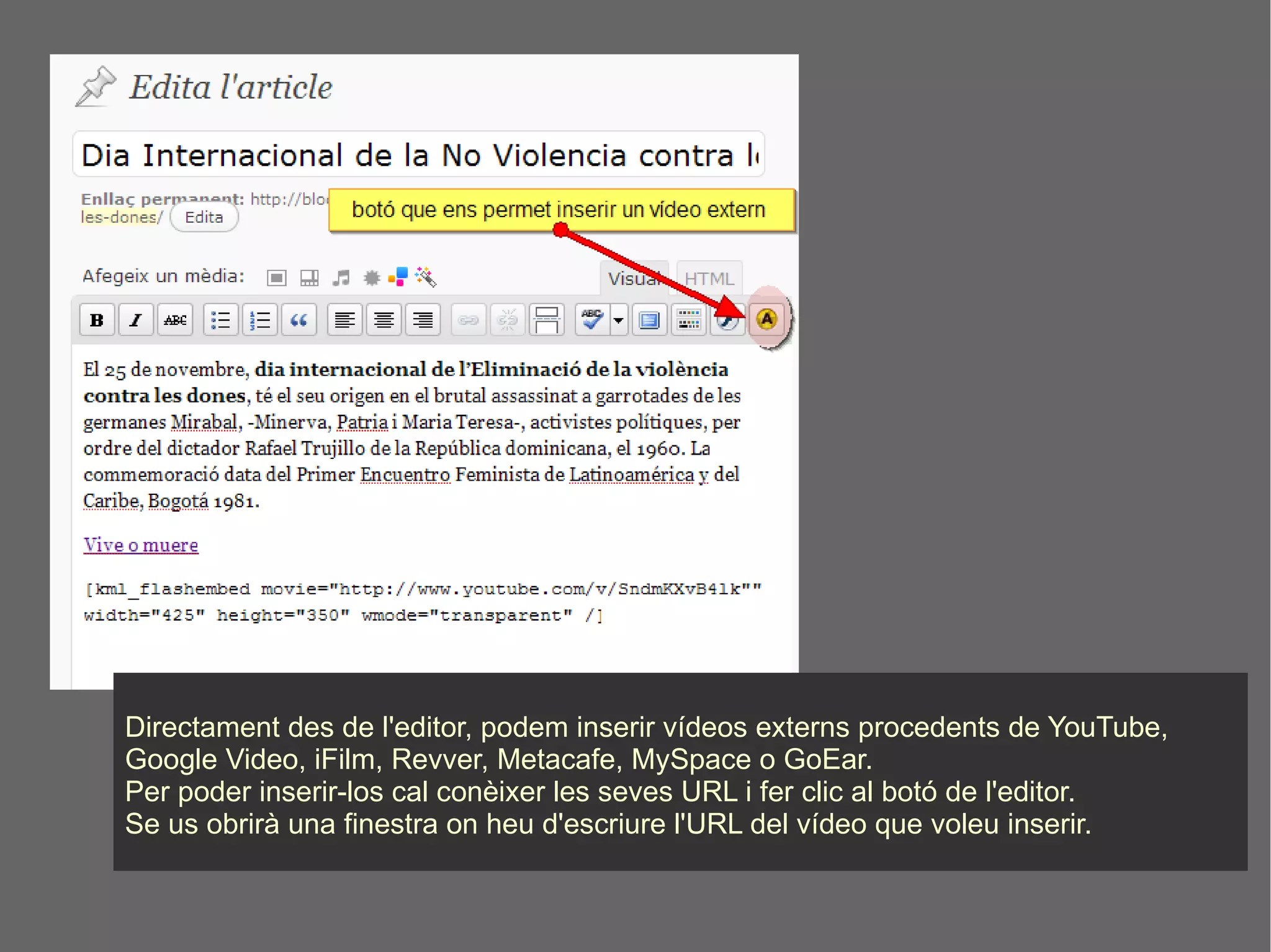 Directament des de l'editor, podem inserir vídeos externs procedents de YouTube, Google Video, iFilm, Revver, Metacafe, MySpace o GoEar. Per poder inserir-los cal conèixer les seves URL i fer clic al botó de l'editor. Se us obrirà una finestra on heu d'escriure l'URL del vídeo que voleu inserir. 