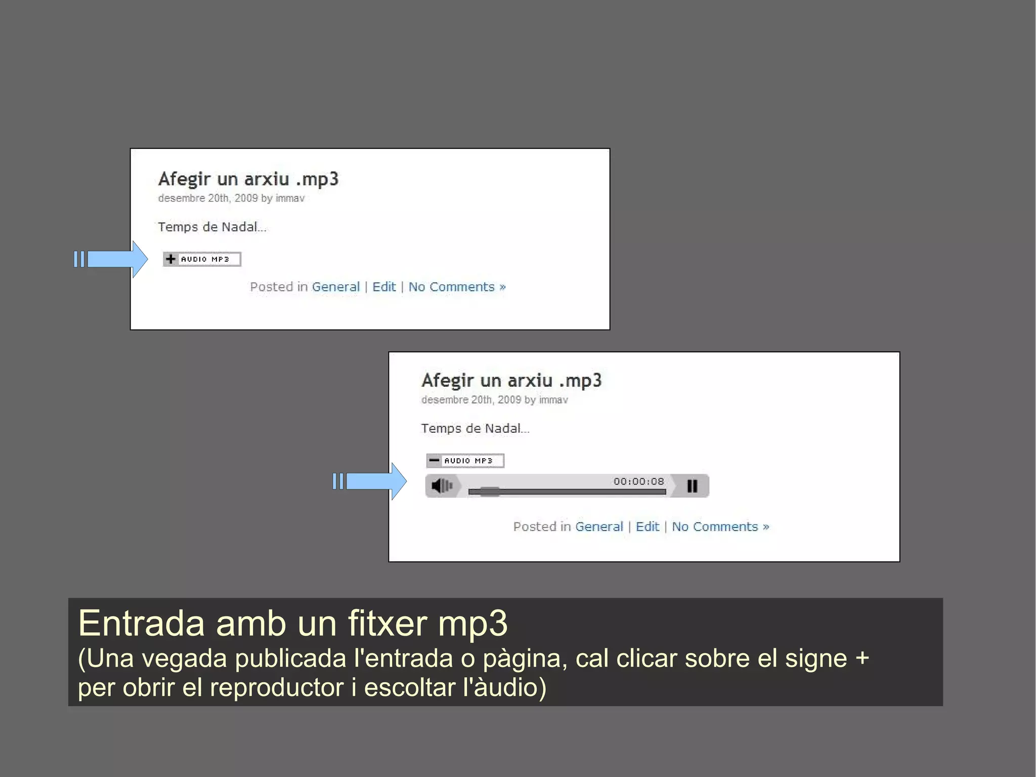 Entrada amb un fitxer mp3 (Una vegada publicada l'entrada o pàgina, cal clicar sobre el signe +  per obrir el reproductor i escoltar l'àudio) 